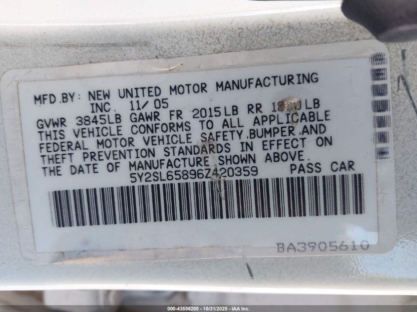 2006 Pontiac Vibe VIN: 5Y2SL65896Z420359 Lot: 43556200