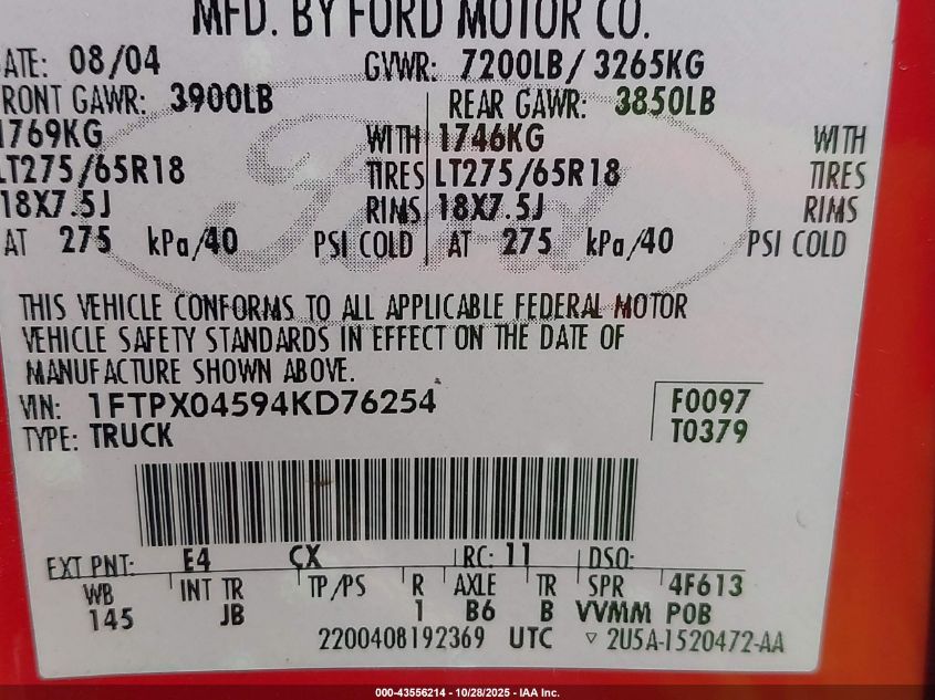 2004 Ford F-150 Fx4/Xlt VIN: 1FTPX04594KD76254 Lot: 43556214