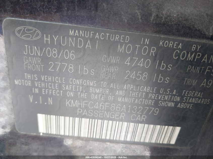 2006 Hyundai Azera Limited/Se VIN: KMHFC46F86A132779 Lot: 43556240