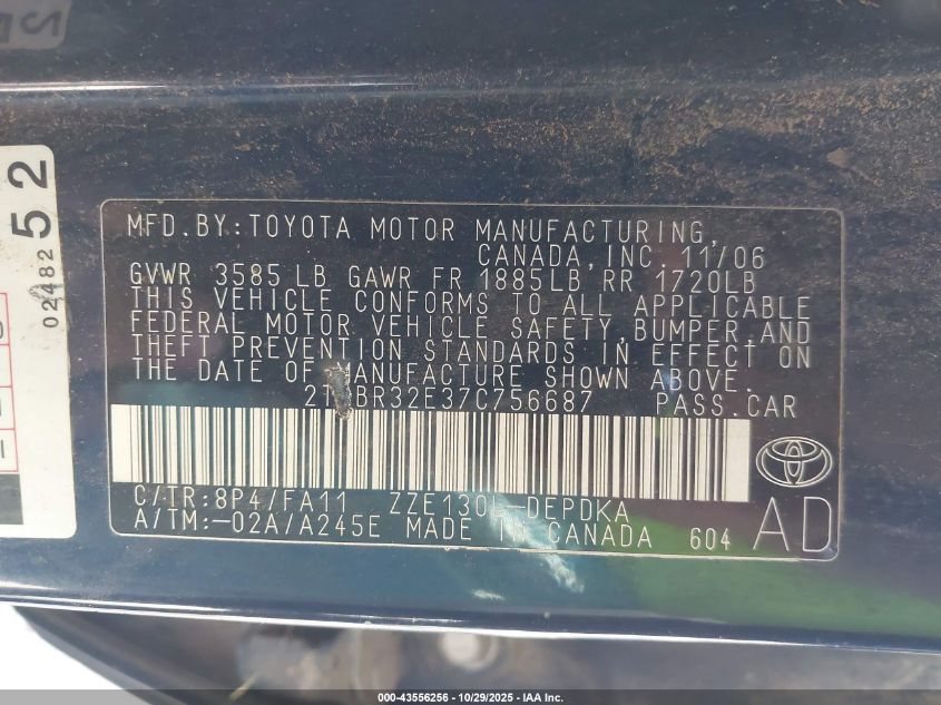 2007 Toyota Corolla Ce VIN: 2T1BR32E37C756687 Lot: 43556256