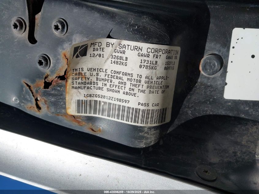 2002 Saturn S-Series Sl1 VIN: 1G8ZG52812Z198597 Lot: 43556259