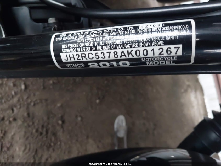 2010 Honda Vt750 C2B VIN: JH2RC5378AK001267 Lot: 43556270