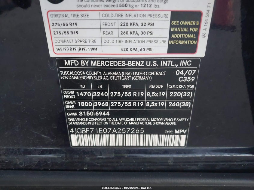 2007 Mercedes-Benz Gl 450 4Matic VIN: 4JGBF71E07A257265 Lot: 43556325