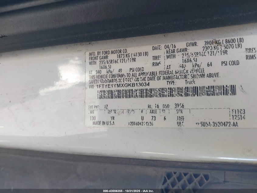 2016 Ford Transit-150 VIN: 1FTYE1YMXGKB13034 Lot: 43556355