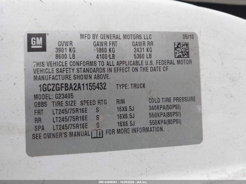 2010 Chevrolet Express 2500 Work Van VIN: 1GCZGFBA2A1155432 Lot: 43556361