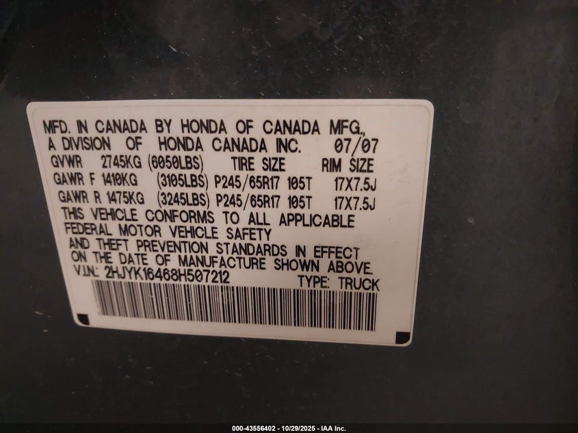 2008 Honda Ridgeline Rts VIN: 2HJYK16468H507212 Lot: 43556402