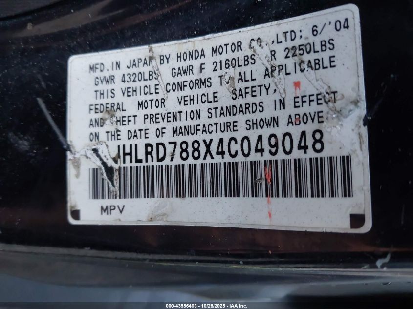 2004 Honda Cr-V Ex VIN: JHLRD788X4C049048 Lot: 43556403