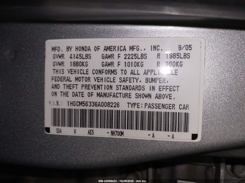 2006 Honda Accord 2.4 Se VIN: 1HGCM56336A008226 Lot: 43556422