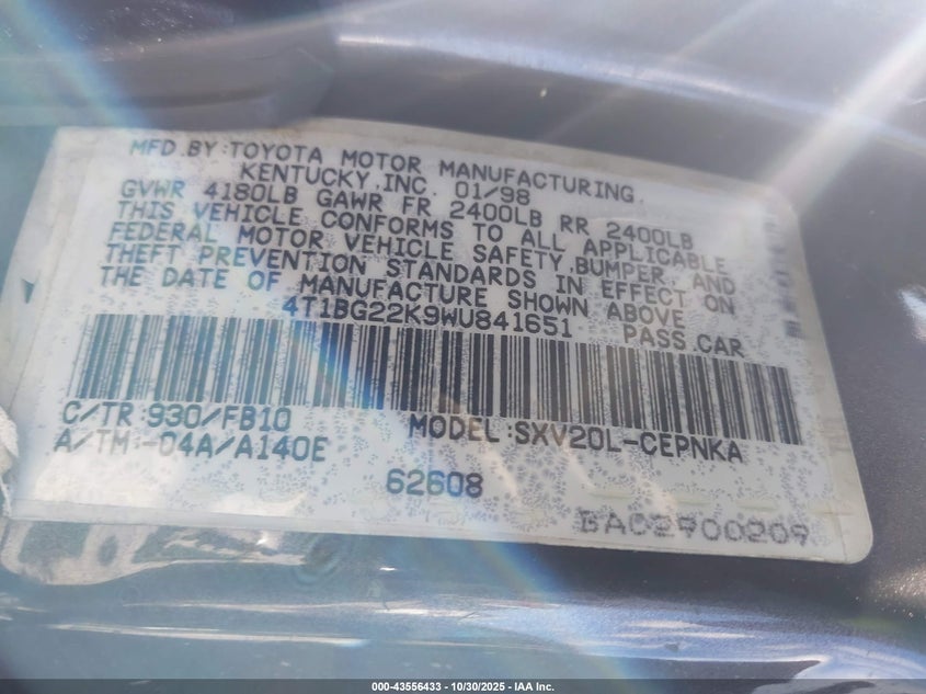 4T1BG22K9WU841651 1998 TOYOTA CAMRY photo no. 9