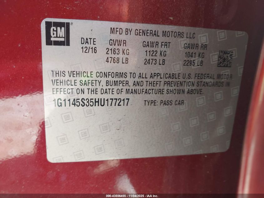 2017 Chevrolet Impala 2Lz VIN: 1G1145S35HU177217 Lot: 43556455