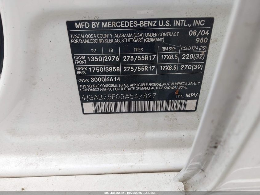 2005 Mercedes-Benz Ml 500 4Matic VIN: 4JGAB75E05A547827 Lot: 43556482