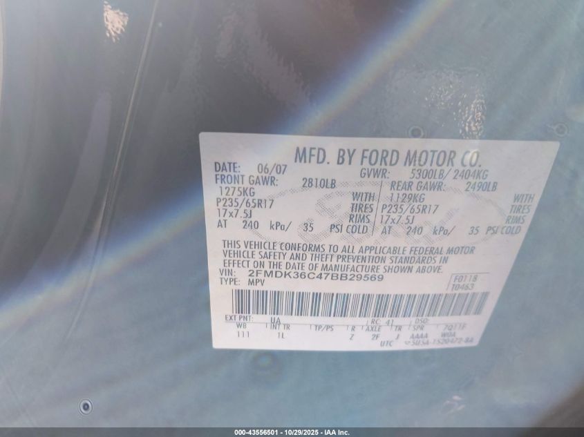 2007 Ford Edge Se VIN: 2FMDK36C47BB29569 Lot: 43556501