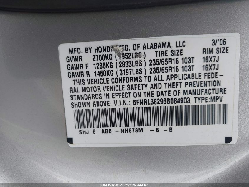 2006 Honda Odyssey Lx VIN: 5FNRL38296B084903 Lot: 43556502