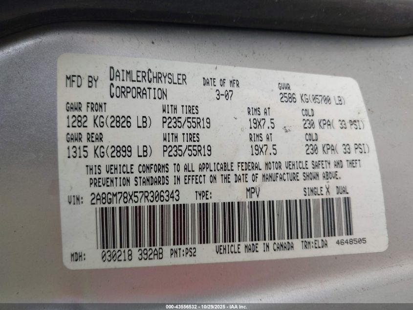 2007 Chrysler Pacifica Limited VIN: 2A8GM78X57R306343 Lot: 43556532