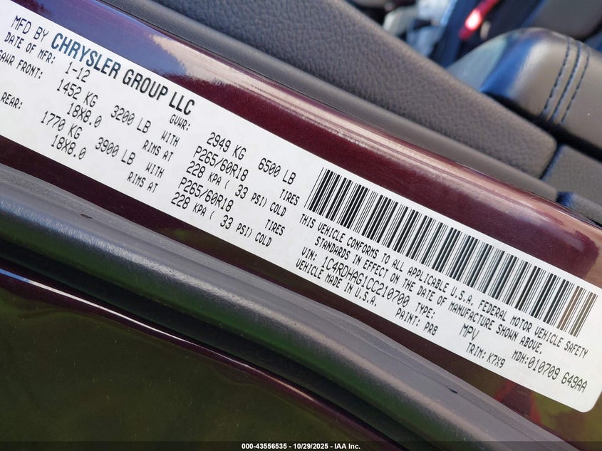 2012 Dodge Durango Sxt VIN: 1C4RDHAG1CC210700 Lot: 43556535