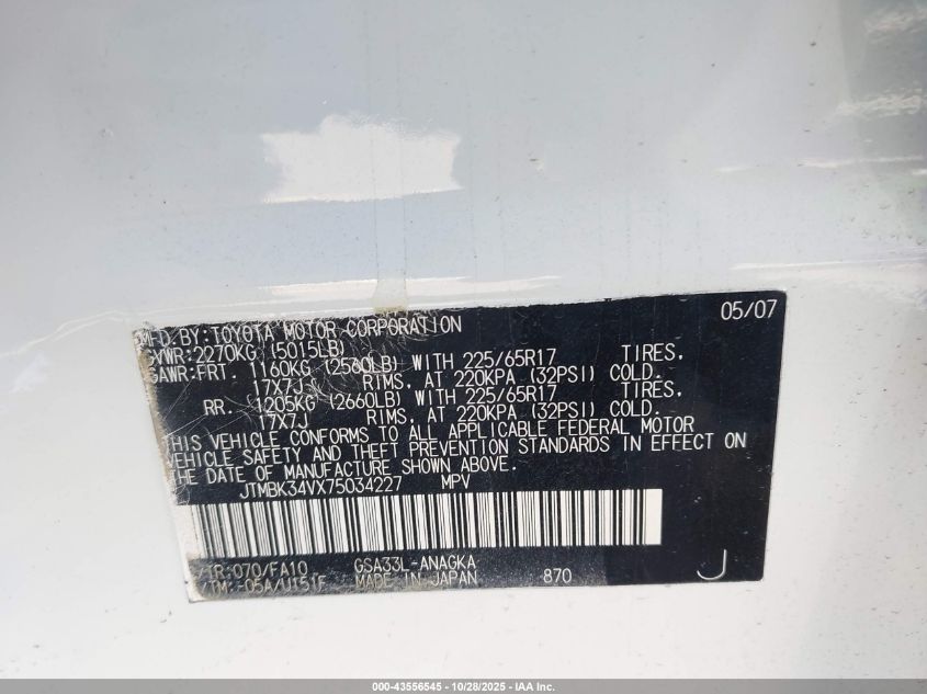 2007 Toyota Rav4 Limited V6 VIN: JTMBK34VX75034227 Lot: 43556545