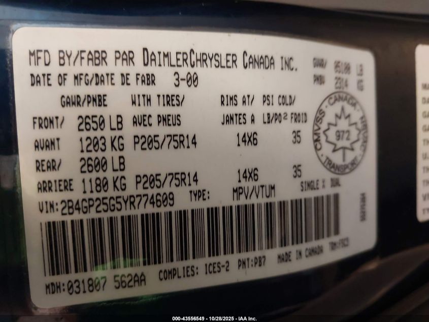 2000 Dodge Caravan VIN: 2B4GP25G5YR774609 Lot: 43556549