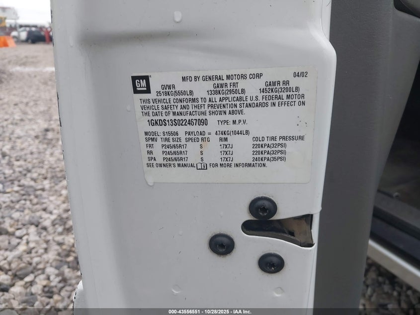 2002 GMC Envoy Sle VIN: 1GKDS13S022467090 Lot: 43556551