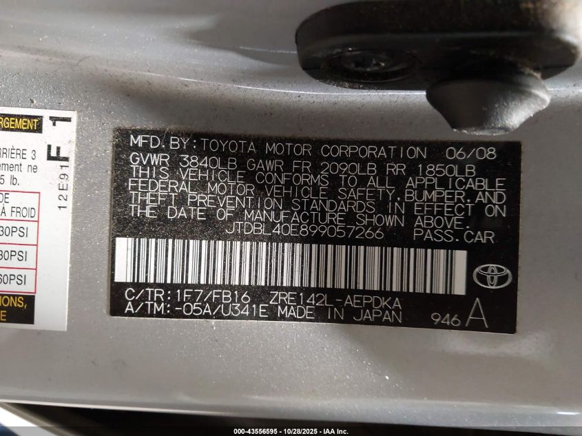 2009 Toyota Corolla Le VIN: JTDBL40E899057266 Lot: 43556595