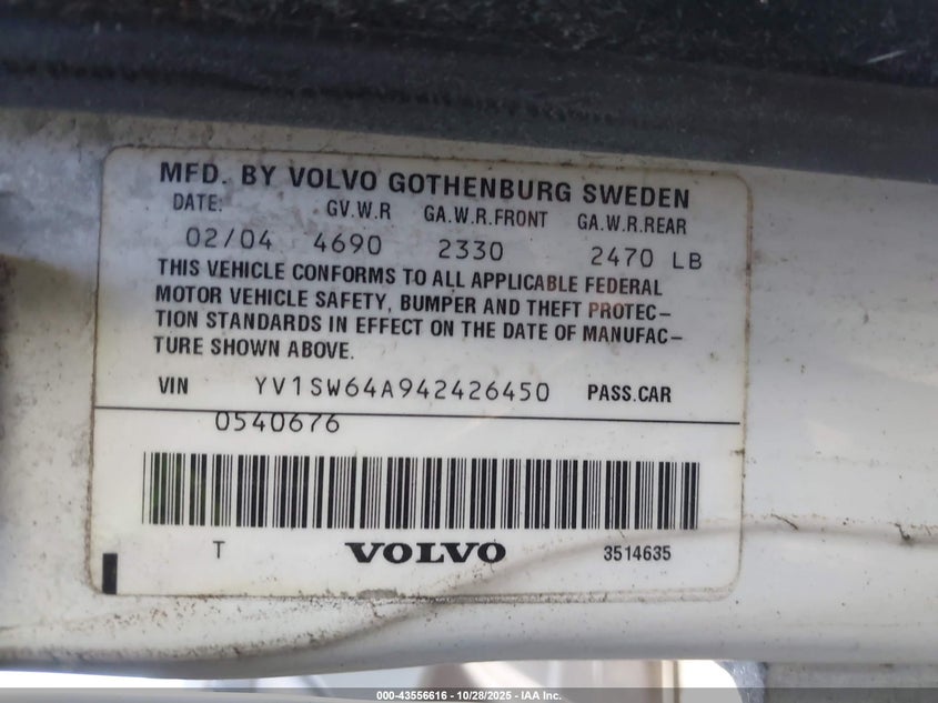 2004 Volvo V70 2.4 VIN: YV1SW64A942426450 Lot: 43556616