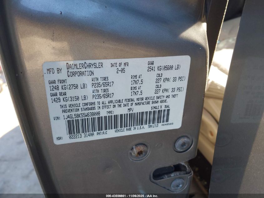 2005 Jeep Liberty Limited Edition VIN: 1J4GL58K55W638008 Lot: 43556661