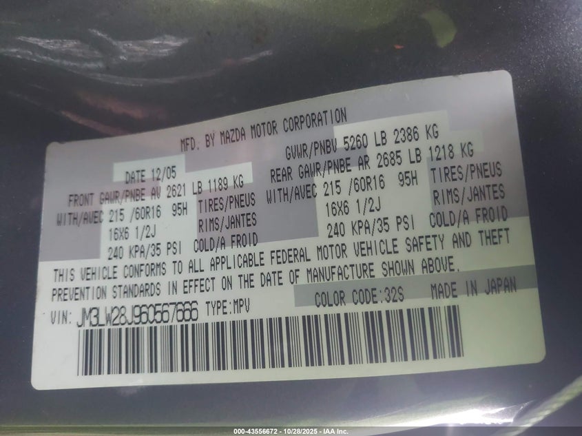 2006 Mazda Mpv Lx VIN: JM3LW28J960567666 Lot: 43556672