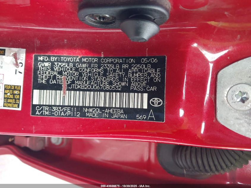 2006 Toyota Prius VIN: JTDKB20U067080532 Lot: 43556675