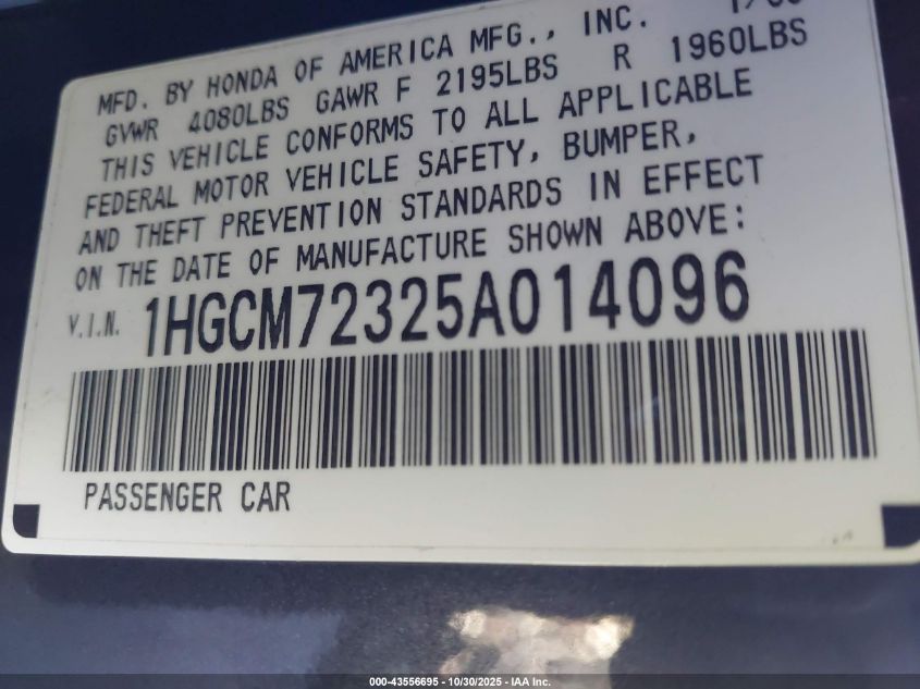 2005 Honda Accord 2.4 Lx VIN: 1HGCM72325A014096 Lot: 43556695
