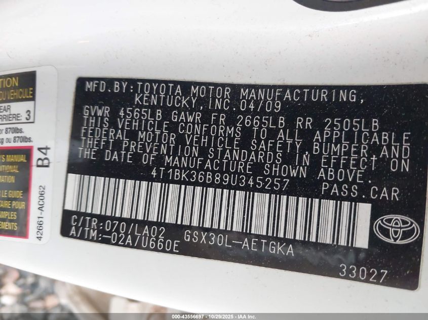 2009 Toyota Avalon Xls VIN: 4T1BK36B89U345257 Lot: 43556697