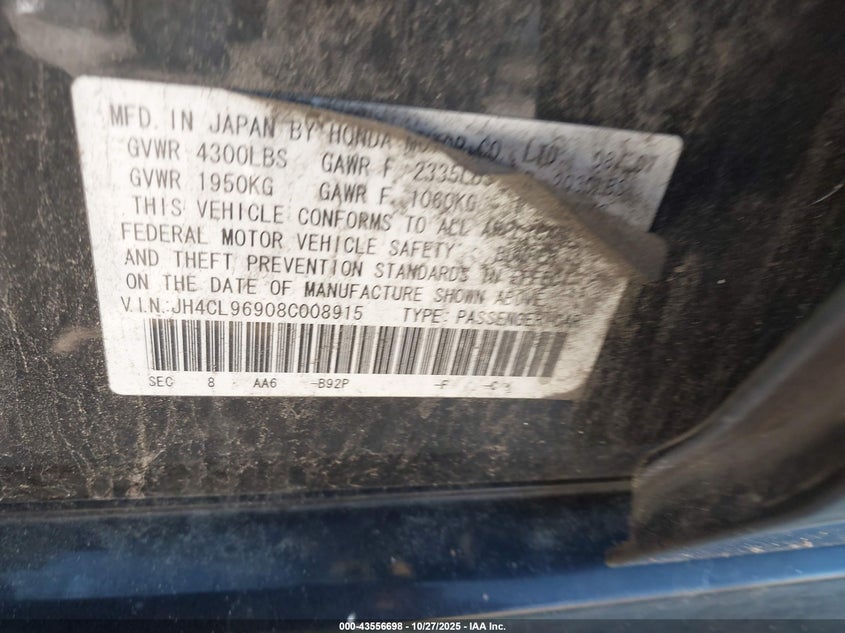 2008 Acura Tsx VIN: JH4CL96908C008915 Lot: 43556698
