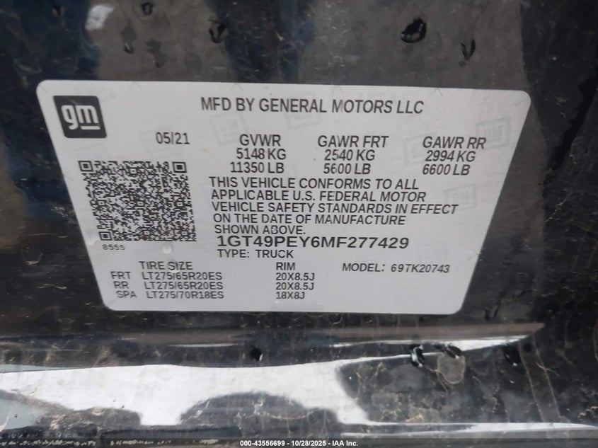 2021 GMC Sierra 2500Hd 4Wd Standard Bed At4 VIN: 1GT49PEY6MF277429 Lot: 43556699