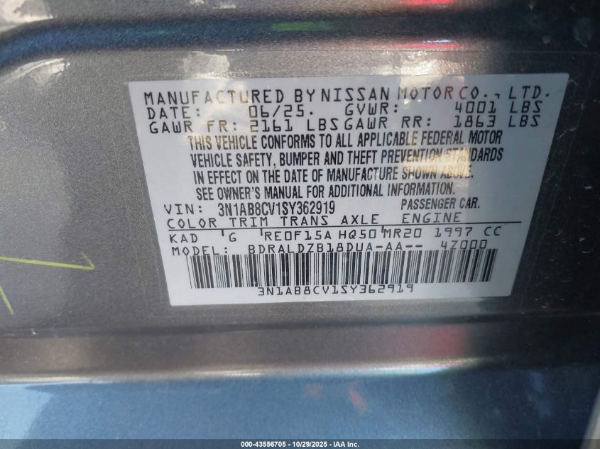 2025 Nissan Sentra Sv VIN: 3N1AB8CV1SY362919 Lot: 43556705