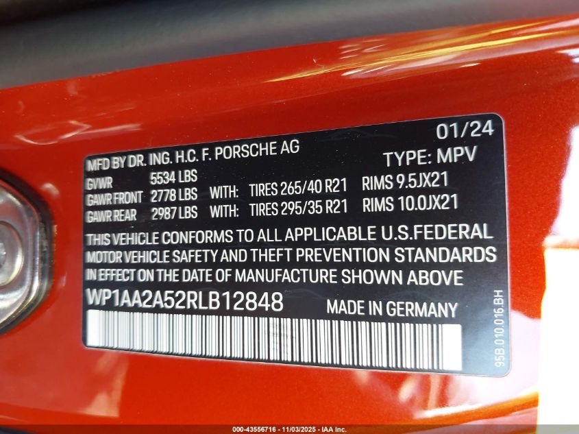 2024 Porsche Macan T VIN: WP1AA2A52RLB12848 Lot: 43556716