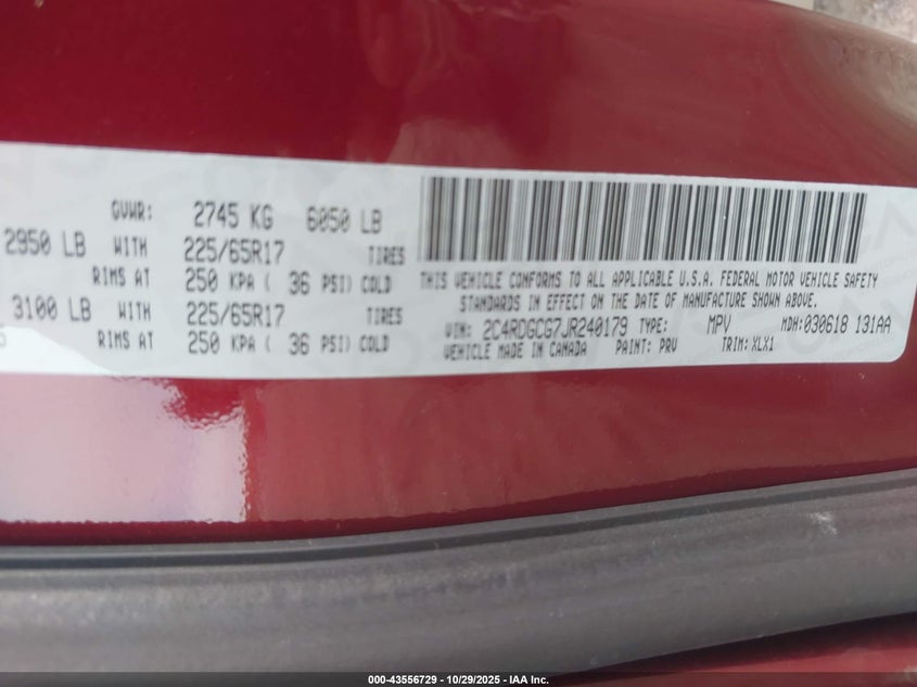 2018 Dodge Grand Caravan Sxt VIN: 2C4RDGCG7JR240179 Lot: 43556729