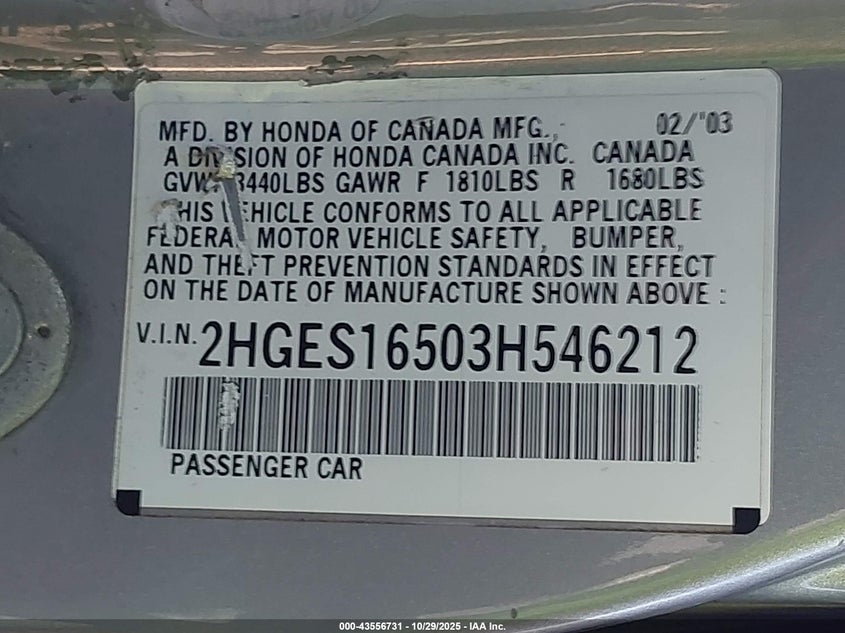 2HGES16503H546212 2003 HONDA CIVIC photo no. 9