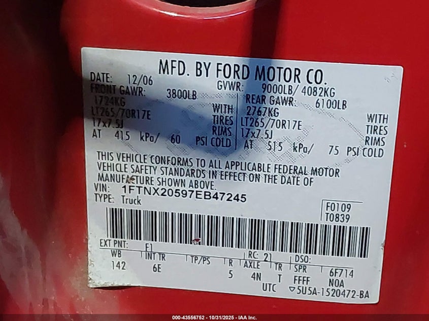 2007 Ford F-250 Lariat/Xl/Xlt VIN: 1FTNX20597EB47245 Lot: 43556752