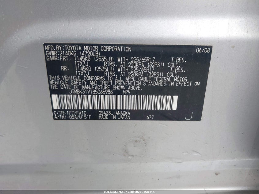 2008 Toyota Rav4 Limited V6 VIN: JTMBK31V185066988 Lot: 43556755