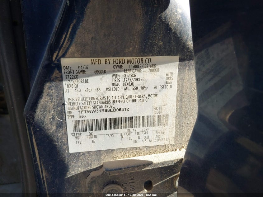 2008 Ford F-350 Fx4/Harley-Davidson/King Ranch/Lariat/Xl/Xlt VIN: 1FTWW31R68EB06412 Lot: 43556814
