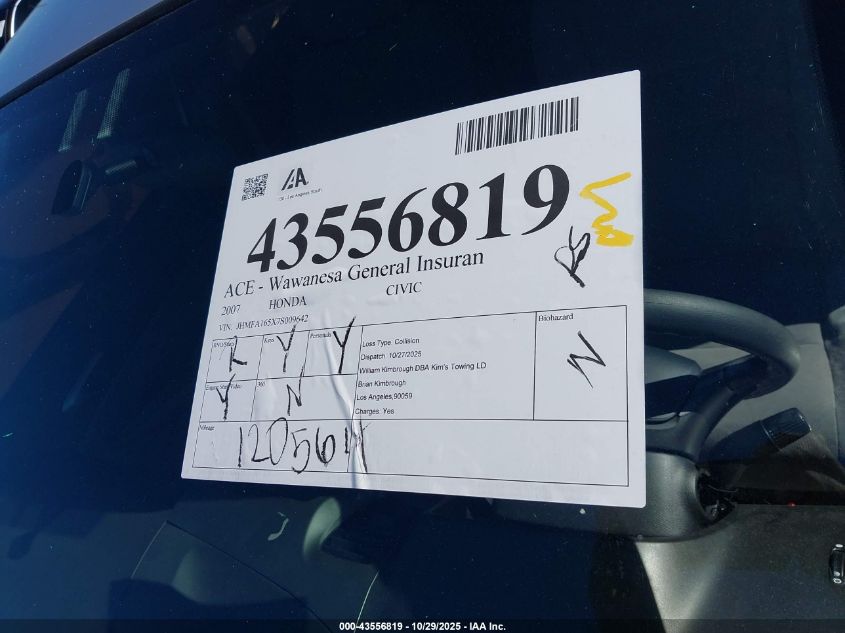 2007 Honda Civic Lx VIN: JHMFA165X7S009642 Lot: 43556819