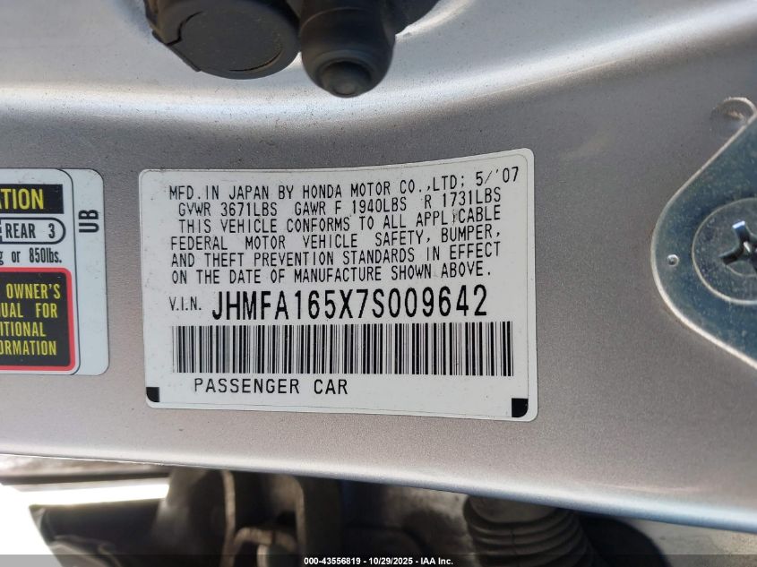 2007 Honda Civic Lx VIN: JHMFA165X7S009642 Lot: 43556819