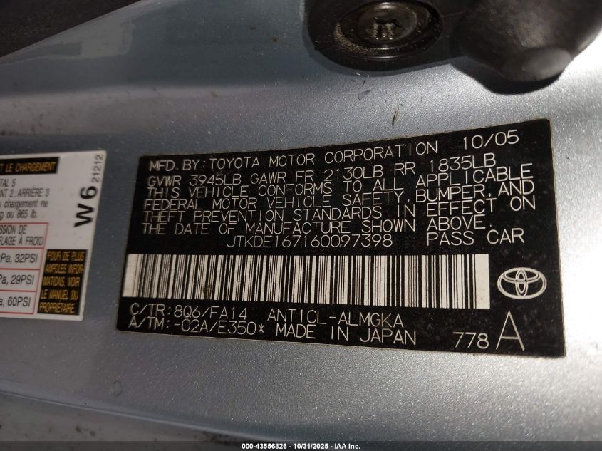 2006 Scion Tc VIN: JTKDE167160097398 Lot: 43556826