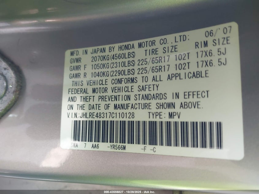 2007 Honda Cr-V Lx VIN: JHLRE48317C110128 Lot: 43556827