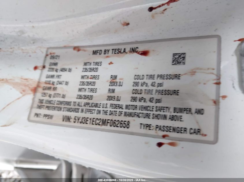 2021 Tesla Model 3 Performance Dual Motor All-Wheel Drive VIN: 5YJ3E1EC2MF062658 Lot: 43556866