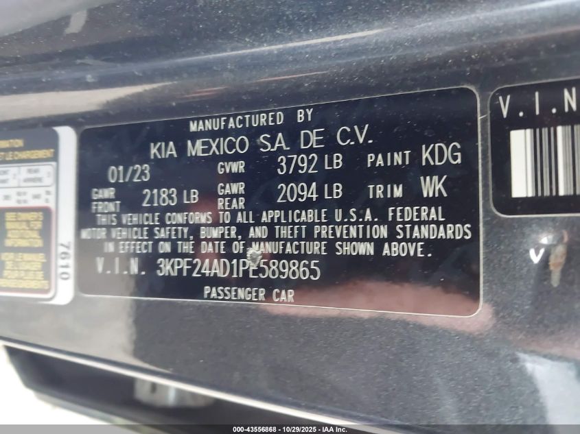2023 Kia Forte Lxs VIN: 3KPF24AD1PE589865 Lot: 43556868