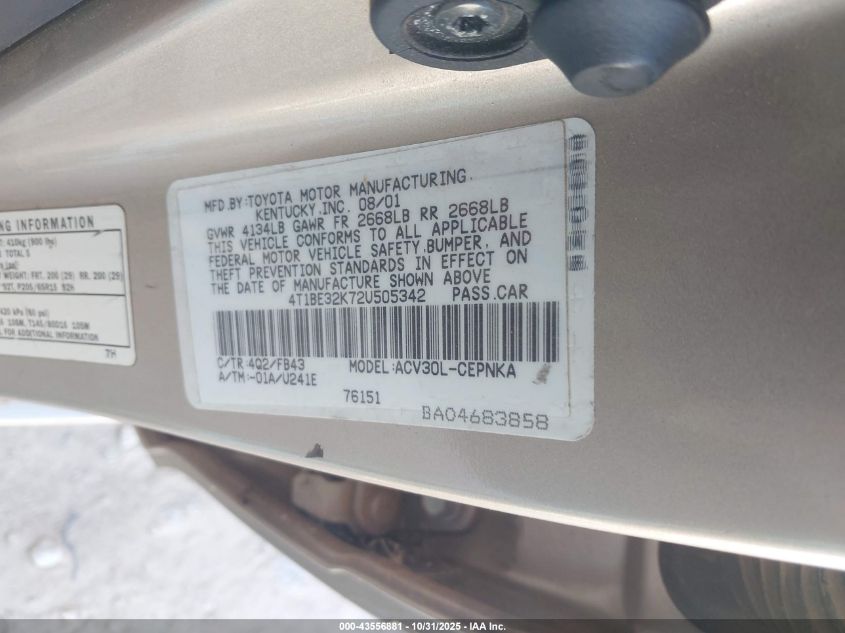 2002 Toyota Camry Le VIN: 4T1BE32K72U505342 Lot: 43556881