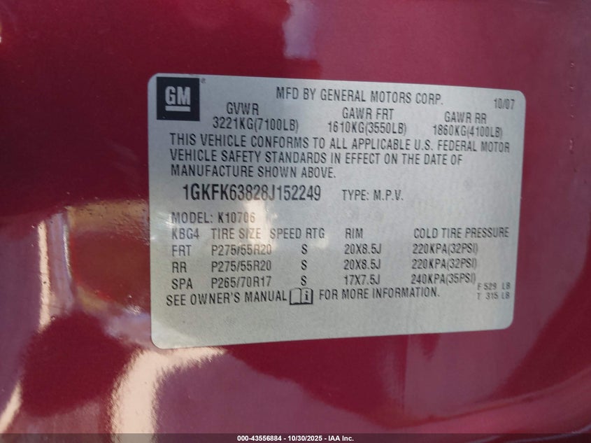 2008 GMC Yukon Denali VIN: 1GKFK63828J152249 Lot: 43556884