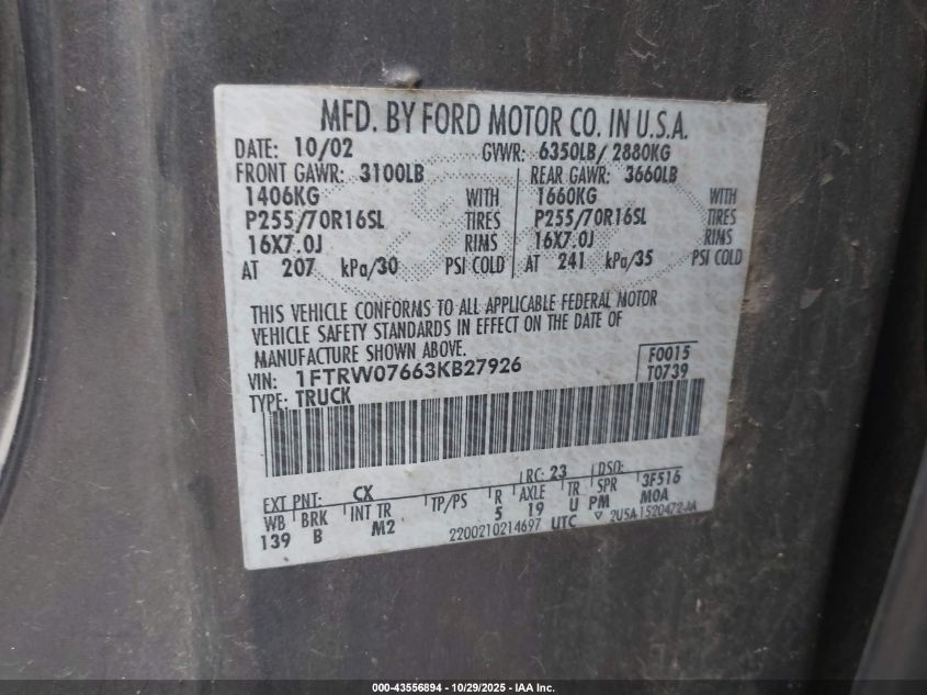 2003 Ford F-150 Lariat/Xlt VIN: 1FTRW07663KB27926 Lot: 43556894