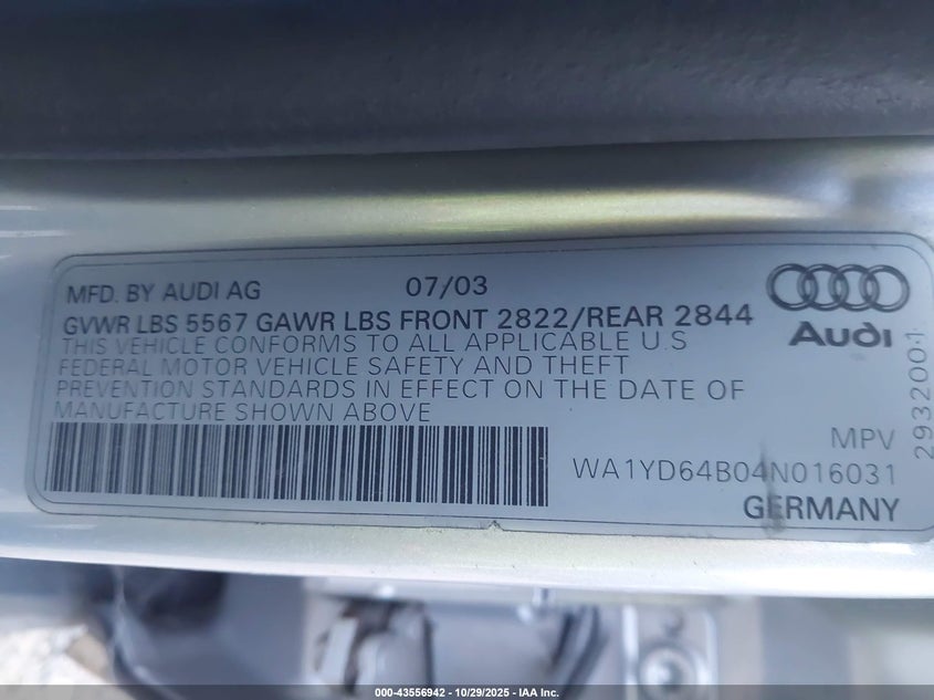 2004 Audi Allroad VIN: WA1YD64B04N016031 Lot: 43556942