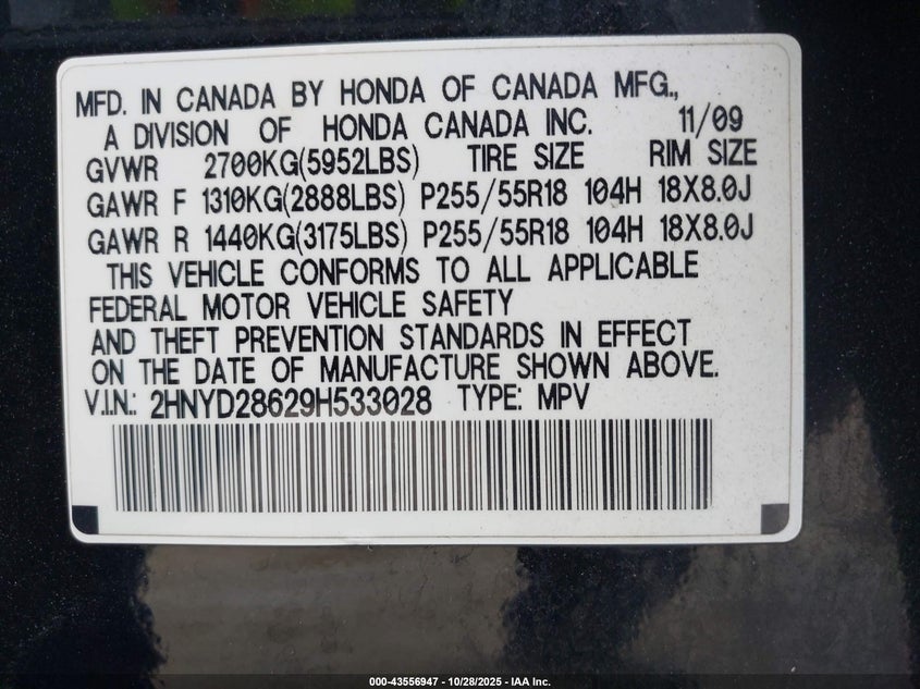 2009 Acura Mdx Technology Package VIN: 2HNYD28629H533028 Lot: 43556947