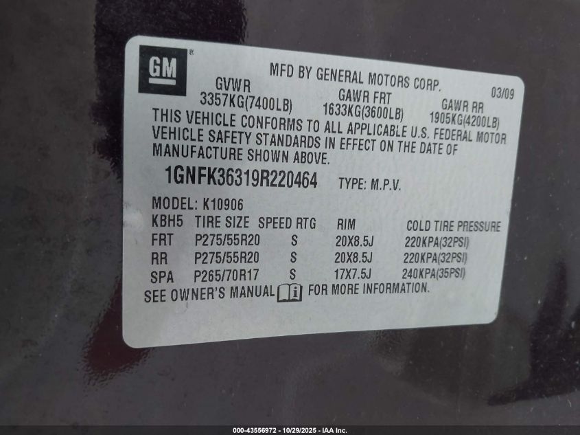 2009 Chevrolet Suburban 1500 Ltz VIN: 1GNFK36319R220464 Lot: 43556972